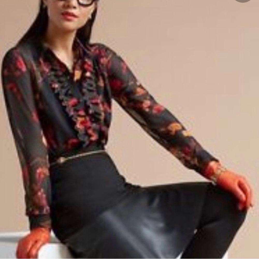 CAbi Black, Orange and Red  Floral Ruffle Front Button Down Blouse